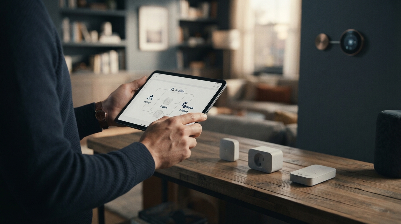 Editorial illustration for Matter vs. Zigbee vs. Z-Wave: Which Smart Home Standard Fits Your Plans?